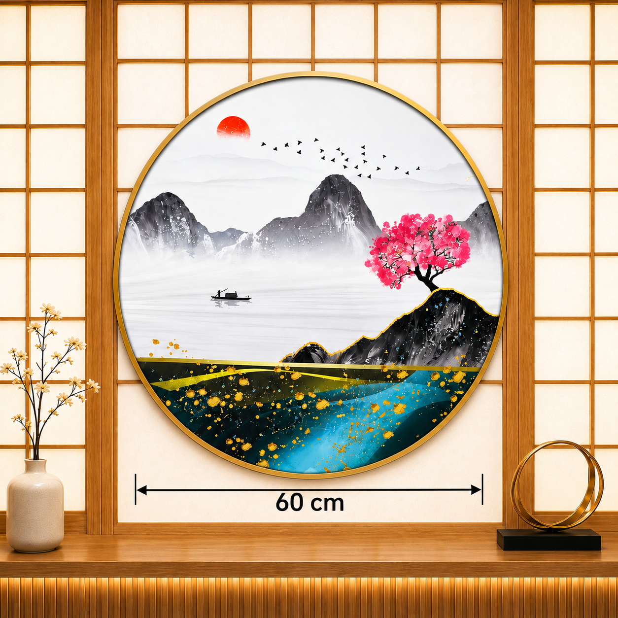 Japanese Sakura Landscape Round Wall Art – 60 cm