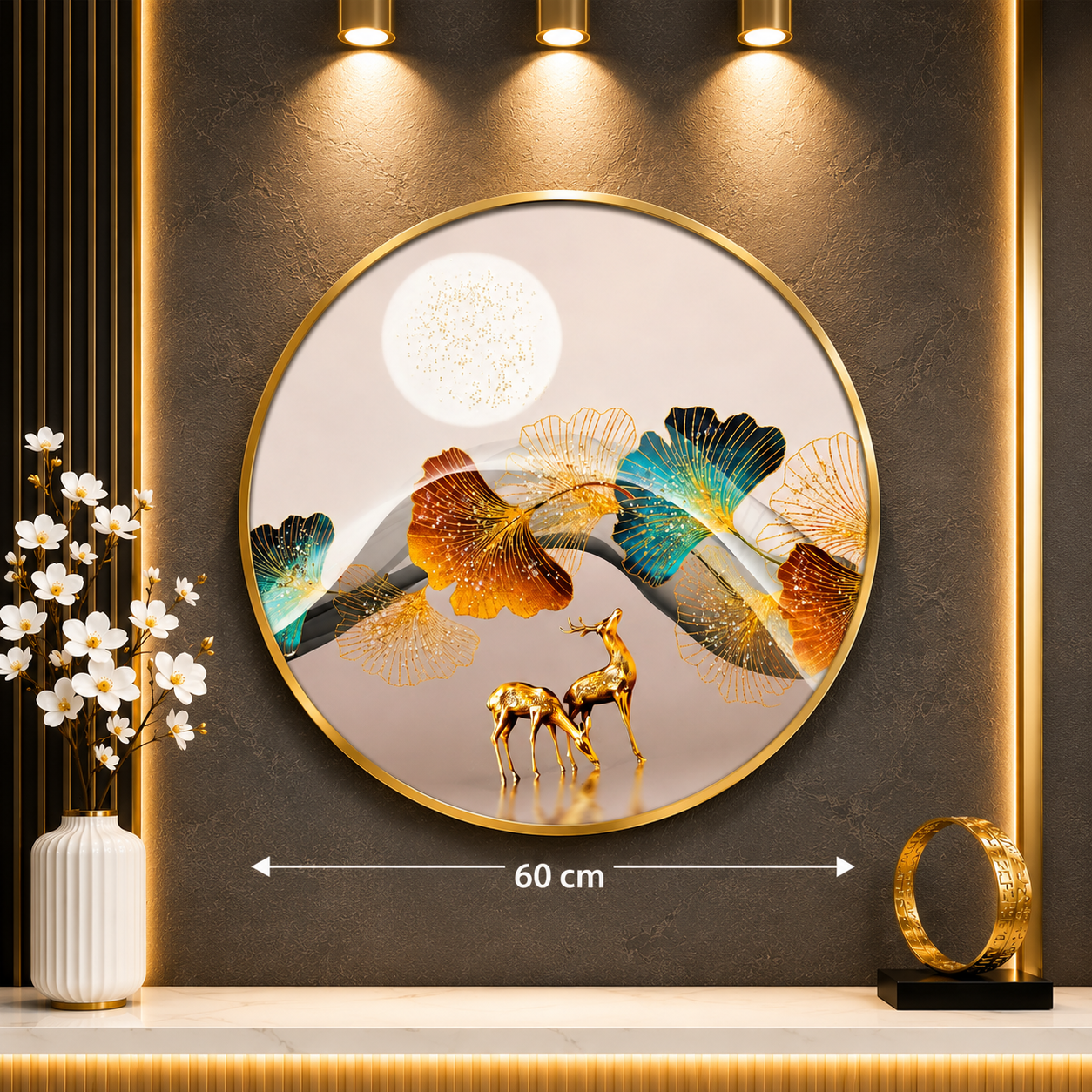 Modern Ginkgo Deer Round Wall Art – 60 cm