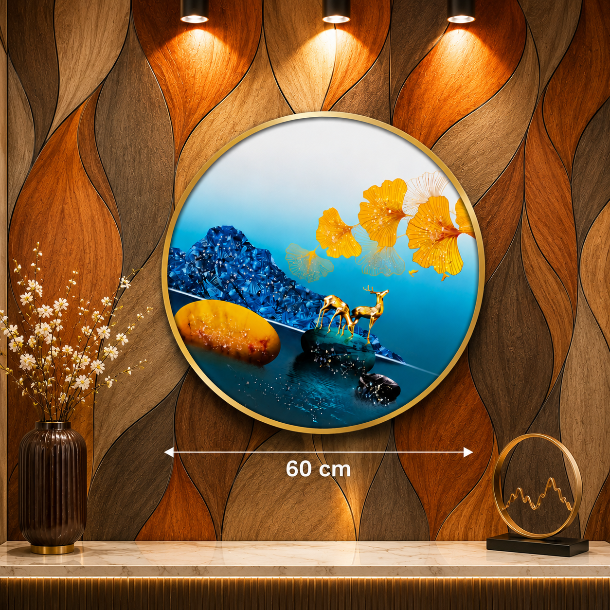 Golden Deer & Ginkgo Round Wall Art – 60 cm