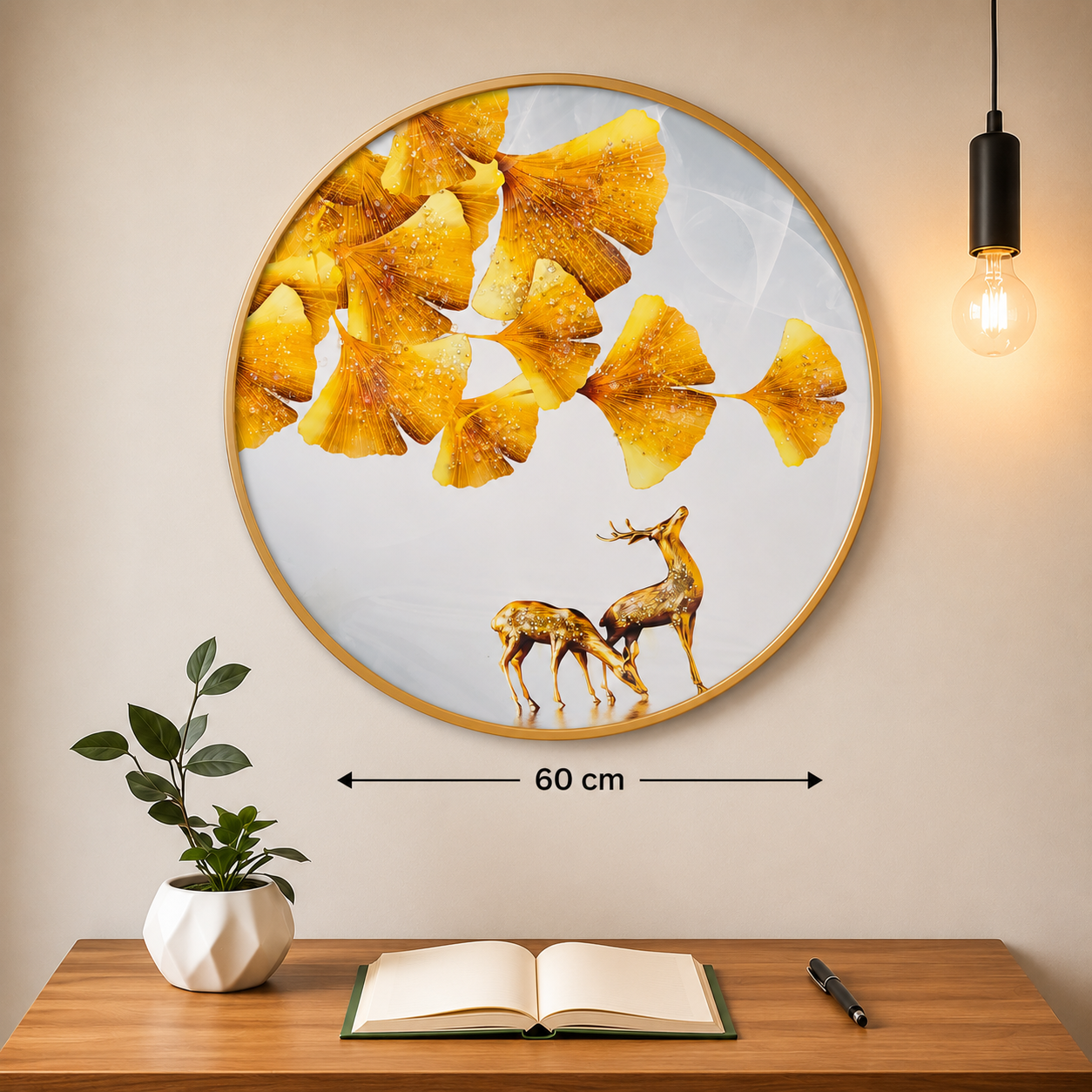 Golden Ginkgo Deer Round Wall Art – 60 cm