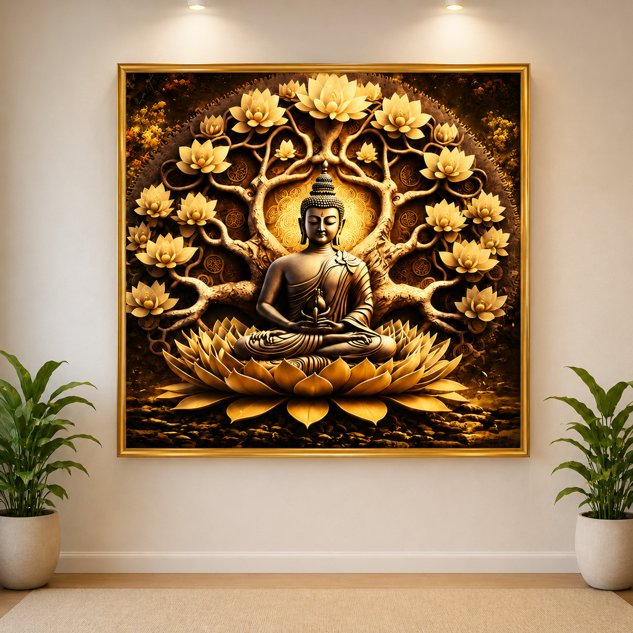 Golden Buddha Tree Wall Painting