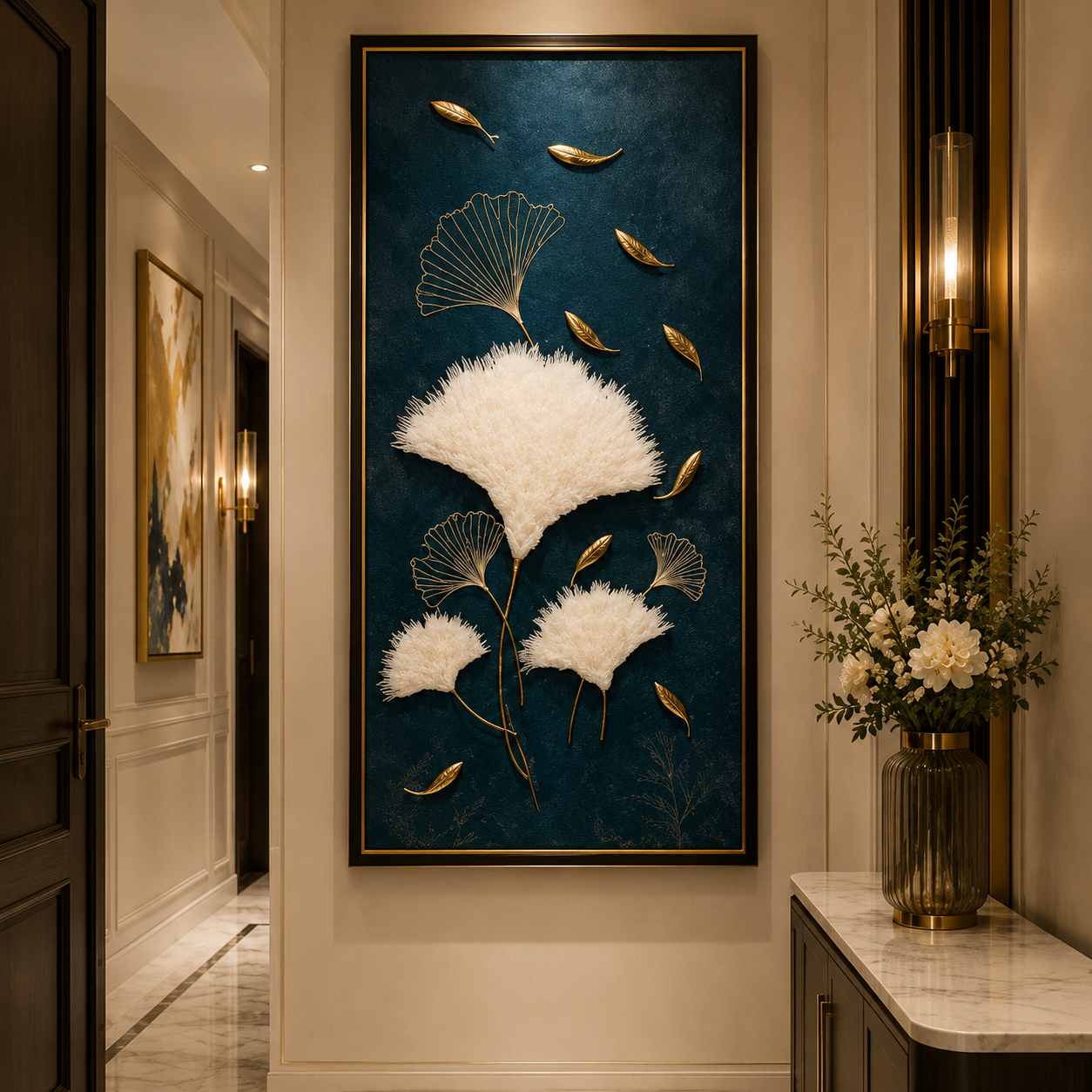 White Ginkgo Leaf Wall Art with Gold Accents