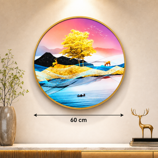 Golden Tree Landscape Round Wall Art – 60 cm