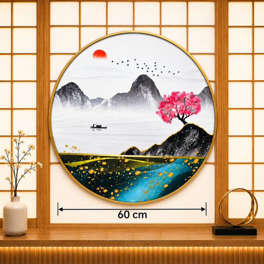 Japanese Sakura Landscape Round Wall Art – 60 cm
