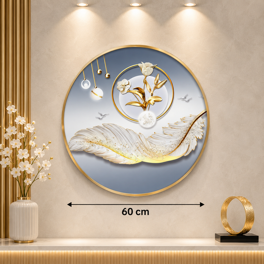 White Feather Floral Round Wall Art – 60 cm