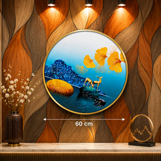 Golden Deer & Ginkgo Round Wall Art – 60 cm