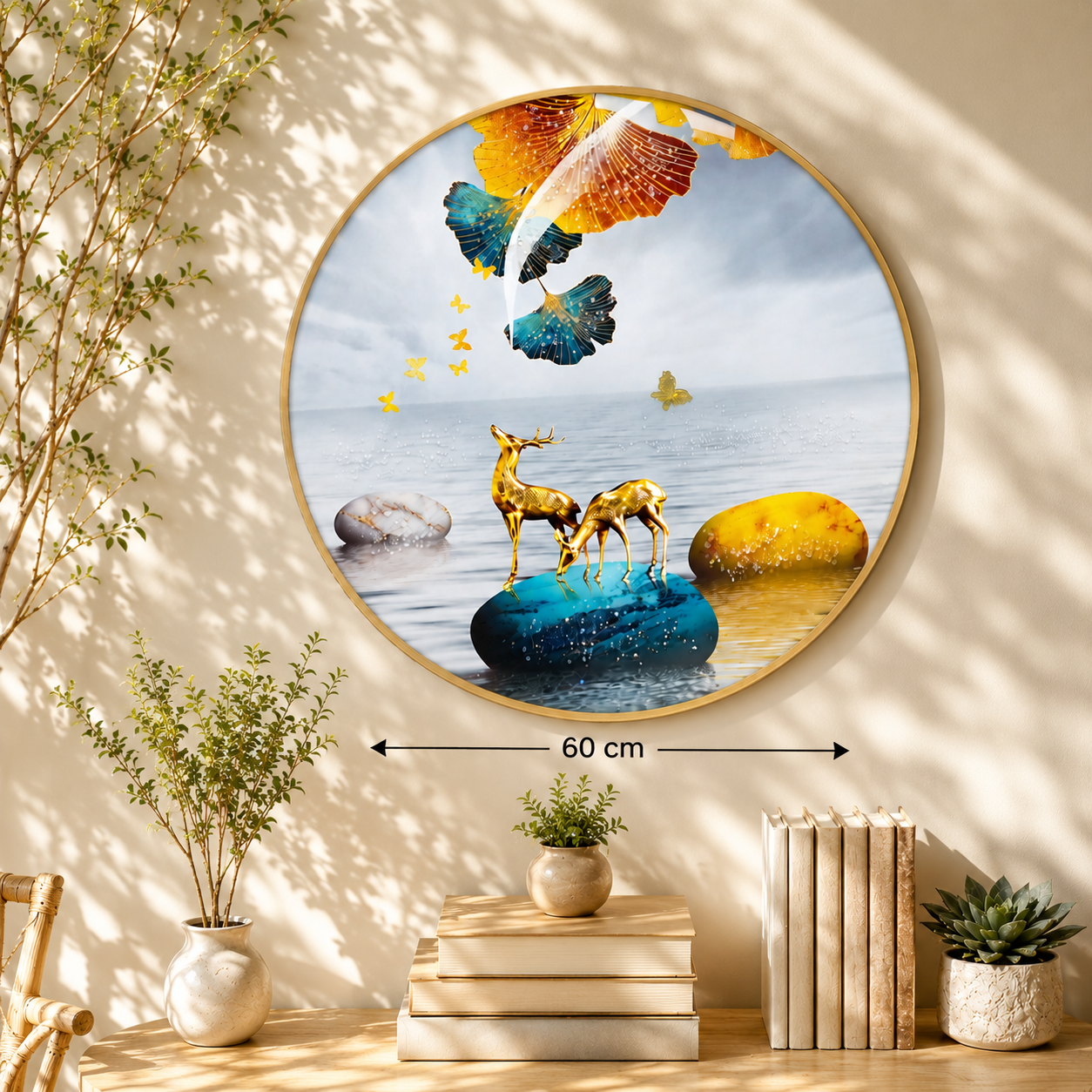 Golden Deer Lakeside Round Wall Art – 60 cm