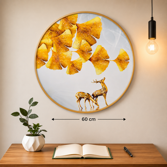 Golden Ginkgo Deer Round Wall Art – 60 cm