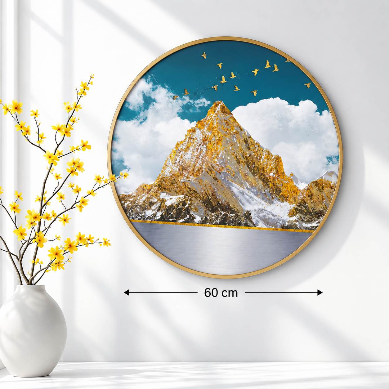 Golden Mountain Landscape Round Wall Art – 60 cm