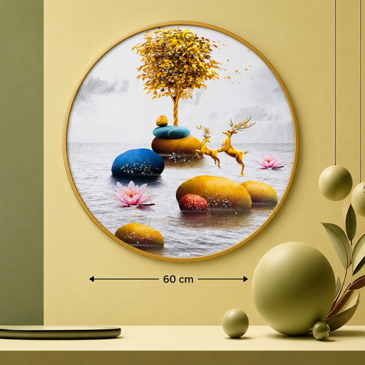 Golden Tree & Deer Round Wall Art – 60 cm