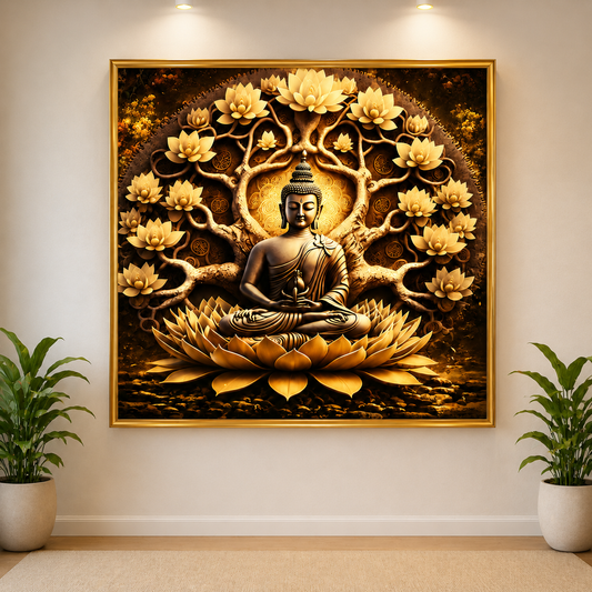Golden Buddha Tree Wall Painting