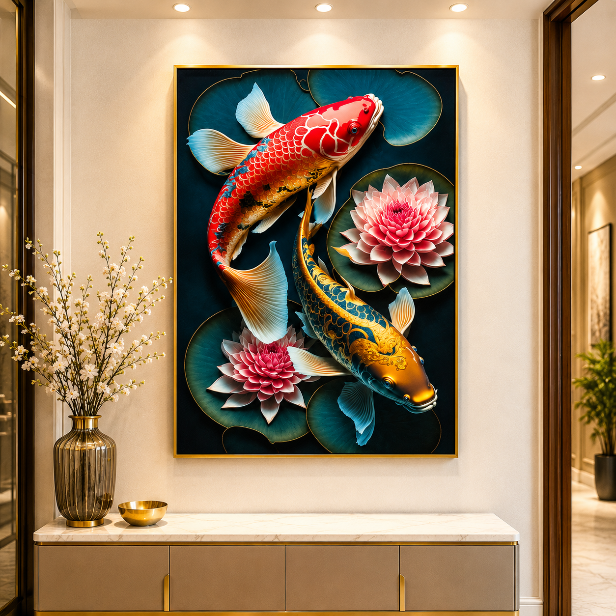 Charming Red & Golden fish wall painting