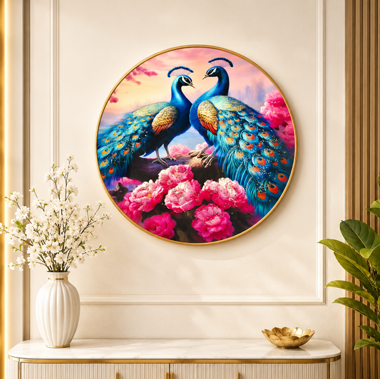 Round framed wall art featuring two peacocks facing each other above pink flowers, displayed on a cream wall above a console table with a vase and plant.