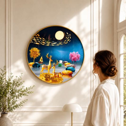A woman in a white blouse and beige pants stands in profile, looking at a round framed wall art piece hanging on a cream wall. The artwork depicts a whimsical fantasy scene with golden deer, colorful trees, and a blue sky under a full moon.
