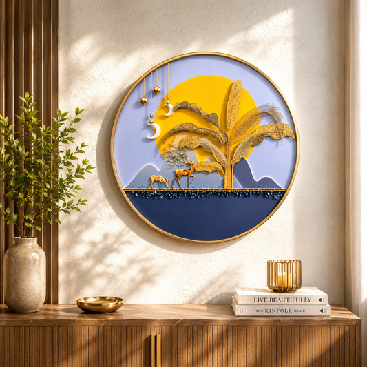 golden deer & golden tree scenery round art