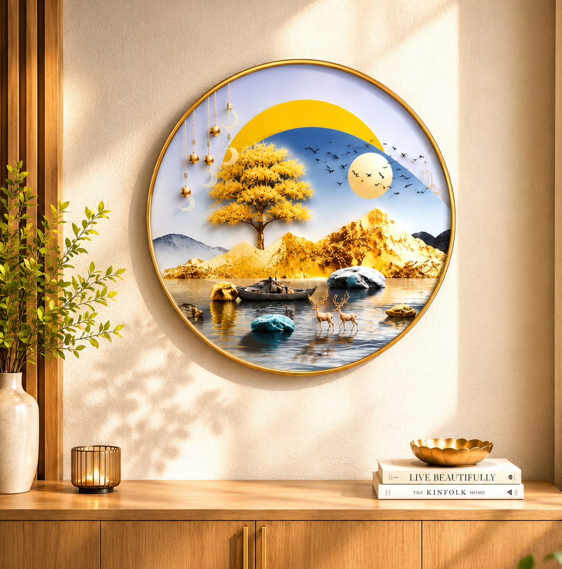 Round wall art featuring a stylized landscape with a golden tree, mountains, water, and a yellow sun, displayed on a beige wall above a wooden console table with decorative items.