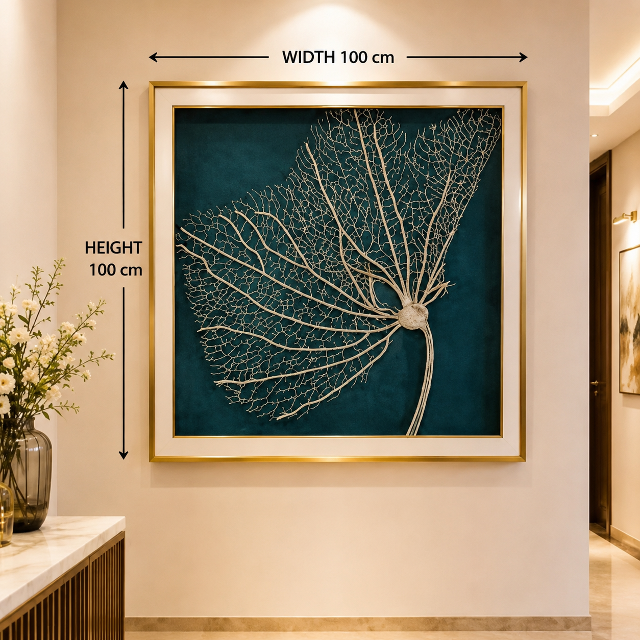 Abstract Golden Botanical Leaf Wall Art — 100 × 100 cm