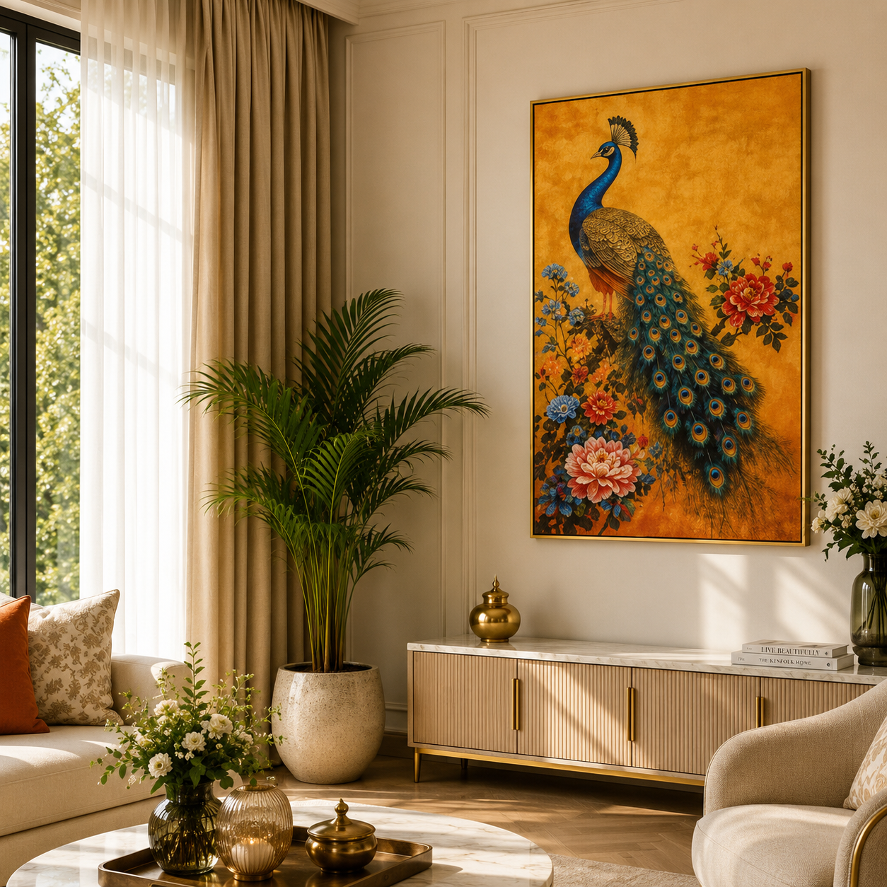Peacock portrait painting with floral design
