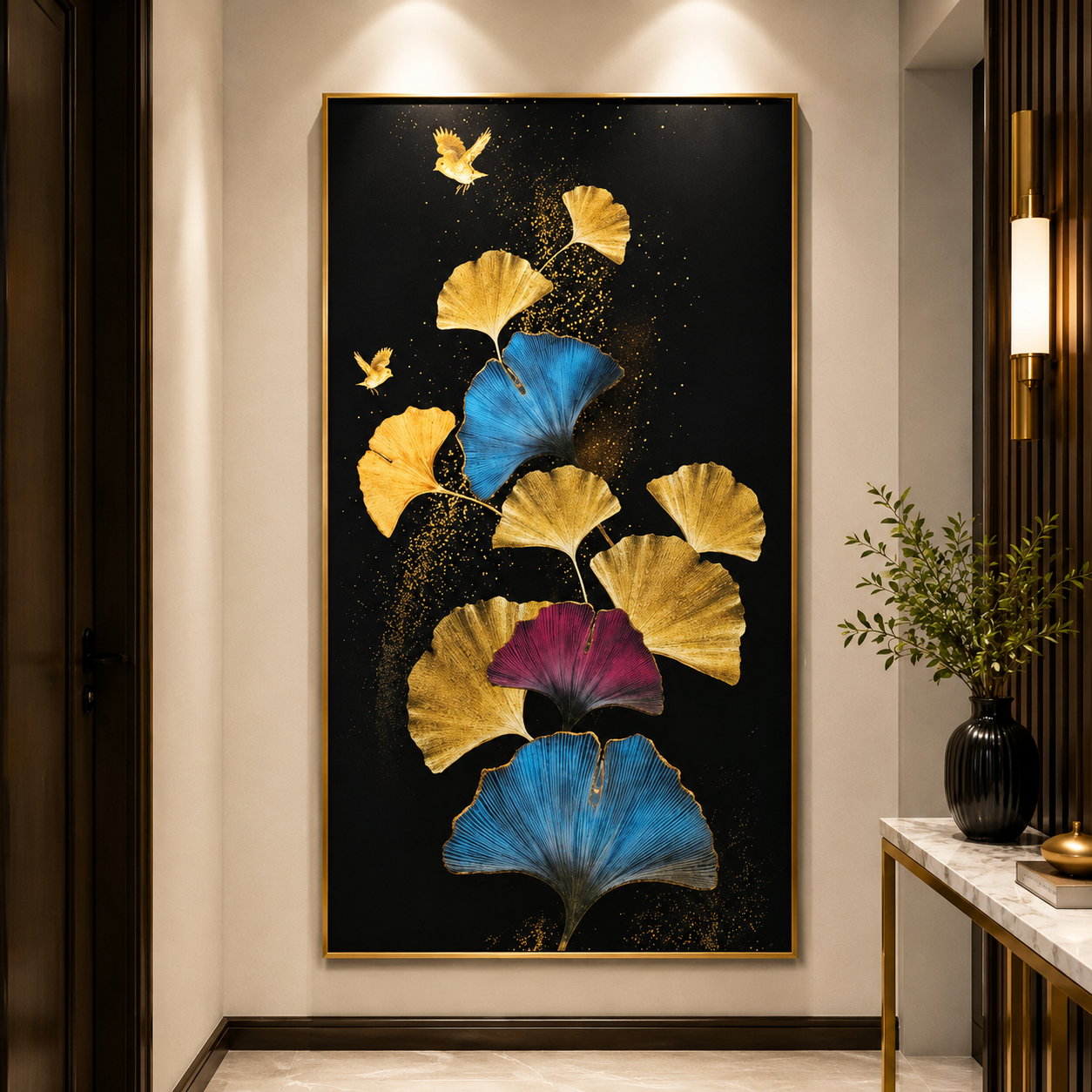 Blue and Gold Ginkgo Leaf Canvas Wall Art