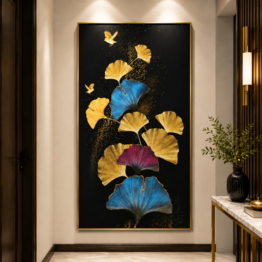 Blue and Gold Ginkgo Leaf Canvas Wall Art