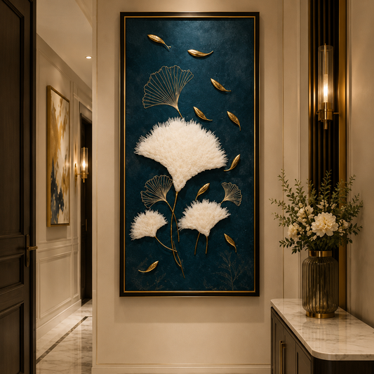 White Ginkgo Leaf Wall Art with Gold Accents