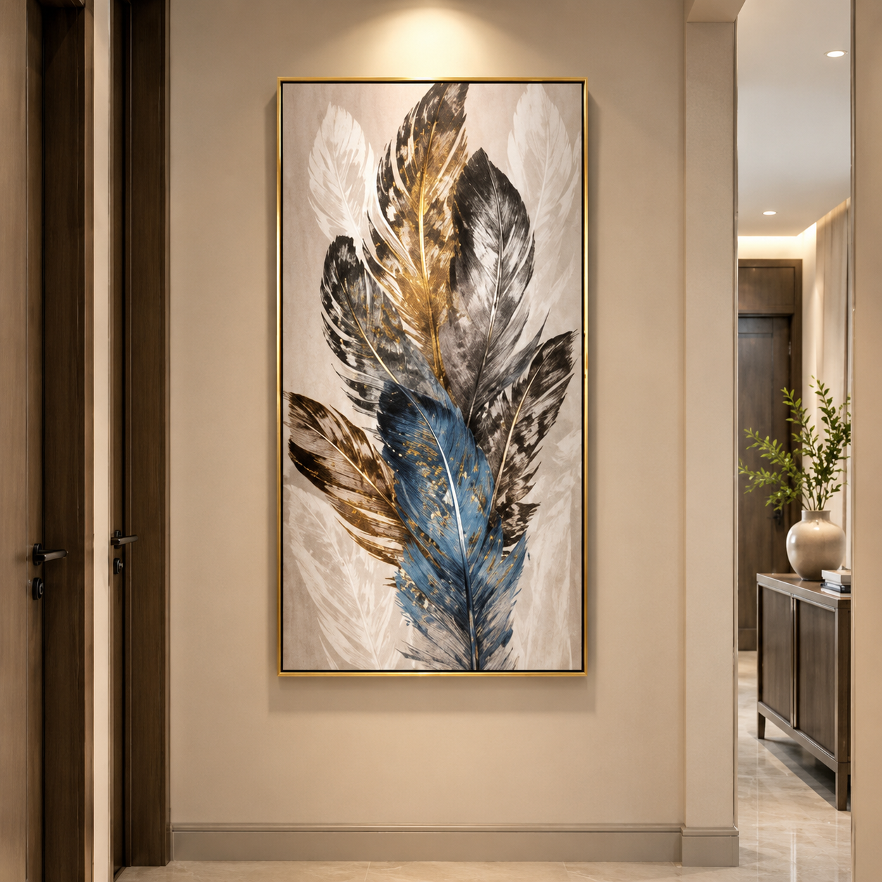 Luxury Blue and Gold Feather Wall Art